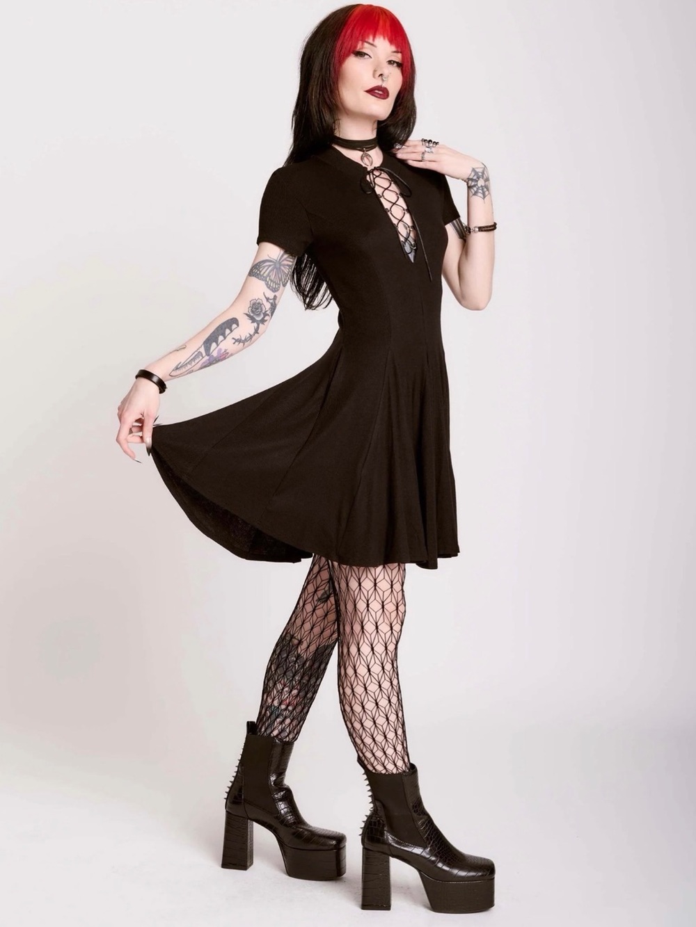Midnight Hour Lace Up Skater Dress Black Goth Medium NWT